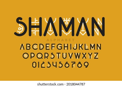 Tribal shamanic style font design, alphabet letters and numbers vector illustration