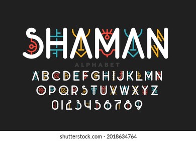 Tribal shamanic style font design, alphabet letters and numbers vector illustration