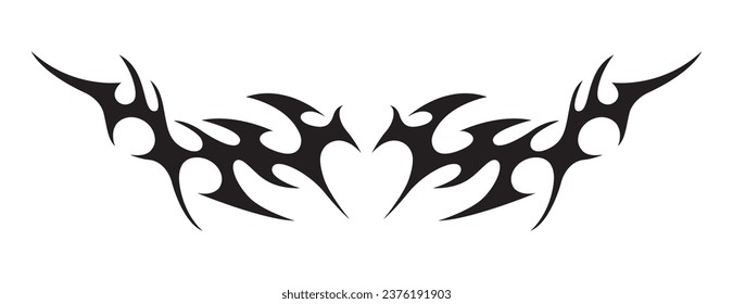 Tribal shape black silhouette with abstract heart. Gothic tattoo design. Trendy y2k and 90s stencil. Ethnic vector graphic