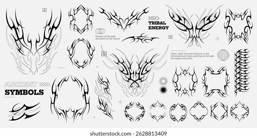 Tribal shape cover. Y2k cyber gothic abstract neo-tribal frames with ornamental tattoo elements, artistic metal streetwear design. Vector tribalistic tattoos set.