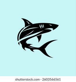 Tribal Shark Tattoo Design. A bold tribal-style shark illustration with sharp, curved lines on a light blue background, symbolizing strength, agility, and the spirit of the ocean.
