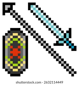 Escudo tribal, lança e espada em pixel art isolado no fundo branco