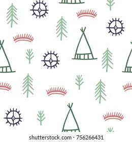 Tribal signs hand drawn motifs seamless pattern on white background