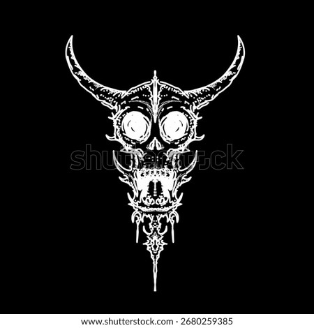 tribal skull demon ornamental vector with horns and gothic details, perfect for tattoos, dark art, or occult fantasy design