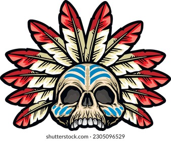 tribal skull with feathers, grunge vintage design t shirts