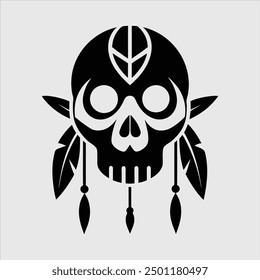 Tribal skull with feathers silhouette vector illustration