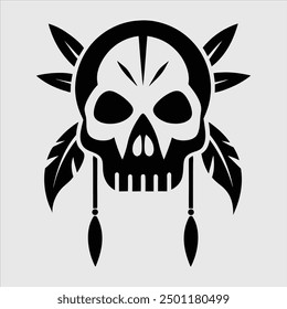 Tribal skull with feathers silhouette vector illustration