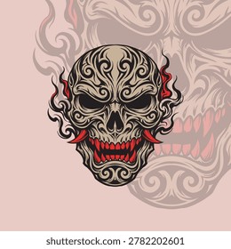 Tribal Skull With Flames And Sharp Teeth