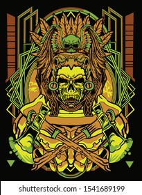 tribal skull with orange highlight green and modern sacred geometry background