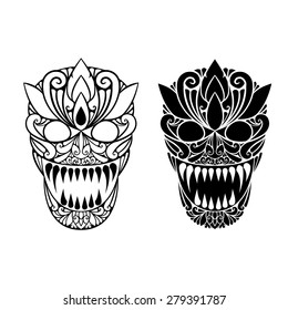 Tribal skull tattoo in Phi Ta Khon style