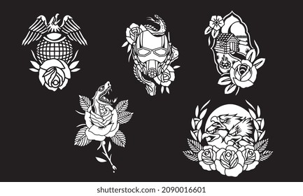 tribal skull tattoo set , bird, snake, house , flower, eagle vector outline black and white design