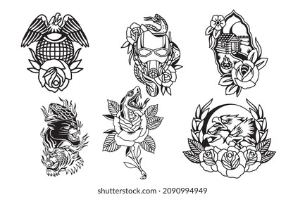 tribal skull tattoo set , bird, snake, house , flower, eagle vector outline black and white design