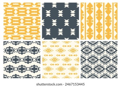 Colección de patrones sin fisuras del suroeste tribal. Conjunto de fondos navajos de acolchado nativo americano. Ornamento étnico azteca, impresión geométrica abstracta para mantas, textil, Fondo de pantalla, papel de embalaje.