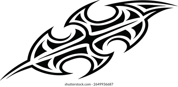 Projeto de lança tribal com pontos afiados e curvas fluindo em tinta preta em um fundo branco
