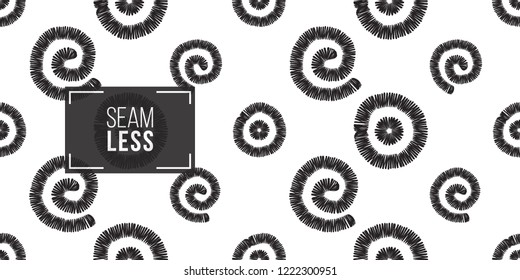 Tribal spirals, circles, dots. Seamless pattern background. Black and white graphic. Geometric embroideries shapes in minimalistic ethnic, boho, aztec, hipster style.