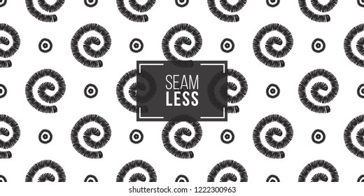 Tribal spirals, circles, dots. Seamless pattern background. Black and white graphic. Geometric embroideries shapes in minimalistic ethnic, boho, aztec, hipster style.