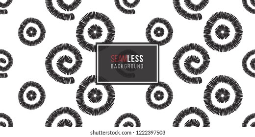 Tribal spirals, circles, dots. Seamless pattern background. Black and white graphic. Geometric embroideries shapes in minimalistic ethnic, boho, aztec, hipster style.