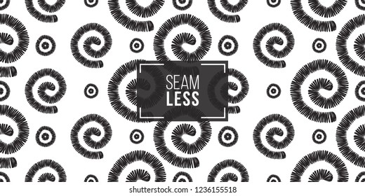 Tribal spirals, circles, dots. Seamless pattern background. Black and white graphic. Geometric embroideries shapes in minimalistic ethnic, boho, aztec, hipster style.