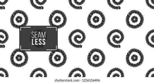 Tribal spirals, circles, dots. Seamless pattern background. Black and white graphic. Geometric embroideries shapes in minimalistic ethnic, boho, aztec, hipster style.