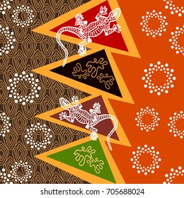 Tribal spirit. Abstract vector pattern with African and Australian motifs. Colorful geometric print with triangles, circles and lizards. Ethnic textile collection. Brown, red.