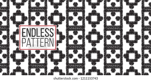Tribal squares and dots. Seamless pattern background. Black and white graphic. Geometric embroideries shapes in minimalistic ethnic, boho, aztec, hipster style.