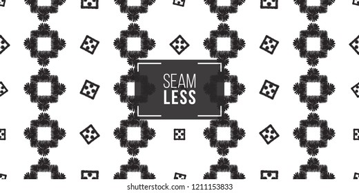 Tribal squares and dots. Seamless pattern background. Black and white graphic. Geometric embroideries shapes in minimalistic ethnic, boho, aztec, hipster style.