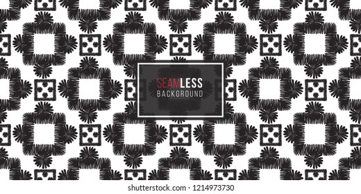 Tribal squares and dots. Seamless pattern background. Black and white graphic. Geometric embroideries shapes in minimalistic ethnic, boho, aztec, hipster style.