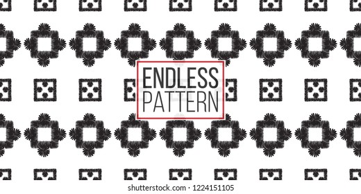 Tribal squares and dots. Seamless pattern background. Black and white graphic. Geometric embroideries shapes in minimalistic ethnic, boho, aztec, hipster style.