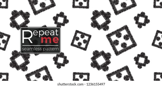 Tribal squares and dots. Seamless pattern background. Black and white graphic. Geometric embroideries shapes in minimalistic ethnic, boho, aztec, hipster style.