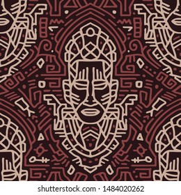 Tribal Statue Head Decorative Doodle Lines Seamless Pattern