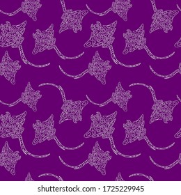 Tribal stingray on violet backdrop. Sea creature seamless pattern for wallpaper, wrap paper, sleeper, bath tile, apparel or bed linen. Phone case or cloth print. Doodle style stock vector illustration