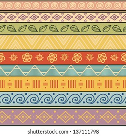 Tribal striped hand drawn seamless pattern. Geometric multicolor background. Vintage soft colors. Swatches of seamless pattern included in the file.