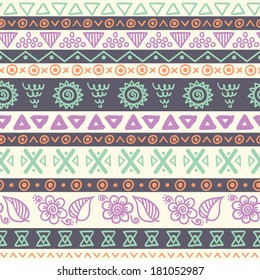 Tribal striped pattern. Hand drawn aztec background. Can be used in fabric design for making of clothes, accessories; creating decorative paper, wrapping, envelope; in web design, etc. 