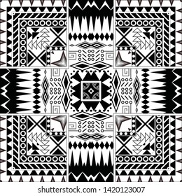 Tribal striped seamless pattern. Aztec geometric black-white background. Can be used in fabric design for clothes, accessories; decorative paper, wrapping, web design, etc. Vector illustration