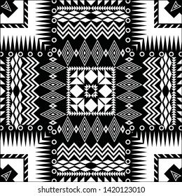 Tribal striped seamless pattern. Aztec geometric black-white background. Can be used in fabric design for clothes, accessories; decorative paper, wrapping, web design, etc. Vector illustration