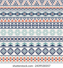 Patrón sin costuras a rayas tribales. Fondo geométrico azteca. Tejido navajo con estilo. Estampado de decoración étnica. Papel pintado abstracto moderno. Ilustración de vector