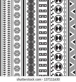 Tribal striped seamless pattern. Geometric black-white background. Swatches of seamless pattern included in the file.