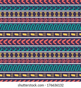 Tribal striped seamless pattern. Geometric hand drawn background. Can be used in fabric design for making of clothes, accessories; creating decorative paper, wrapping, envelope; in web design, etc. 