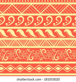 Tribal striped seamless pattern. Hand drawn aztec background. Can be used in fabric design for making of clothes, accessories; creating decorative paper, wrapping, envelope; in web design, etc. 