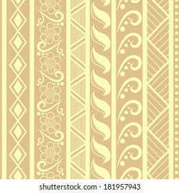 Tribal striped seamless pattern. Hand drawn aztec background. Can be used in fabric design for making of clothes, accessories; creating decorative paper, wrapping, envelope; in web design, etc. 