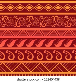 Tribal striped seamless pattern. Hand drawn aztec background. Can be used in fabric design for making of clothes, accessories; creating decorative paper, wrapping, envelope; in web design, etc. 