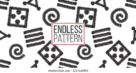 Tribal stripes, spirals, dots, squares, triangles. Seamless pattern background. Black and white graphic. Embroidery shapes in minimalistic ethnic, boho, aztec style.