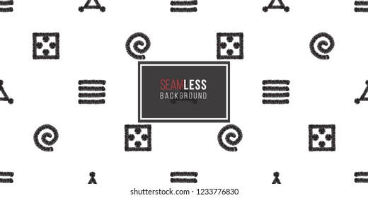 Tribal stripes, spirals, dots, squares, triangles. Seamless pattern background. Black and white graphic. Embroidery shapes in minimalistic ethnic, boho, aztec style.