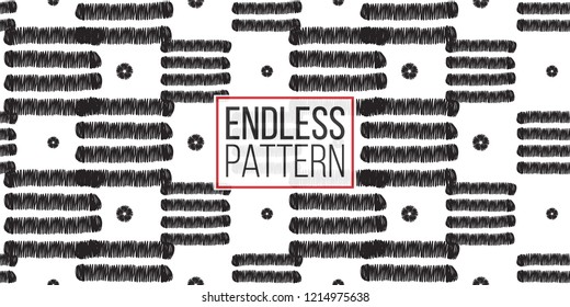 Tribal stripes and tiny dots. Seamless pattern background. Black and white graphic. Geometric embroideries shapes in minimalistic ethnic, boho, aztec, hipster style.