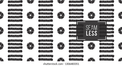 Tribal stripes and tiny dots. Seamless pattern background. Black and white graphic. Geometric embroideries shapes in minimalistic ethnic, boho, aztec, hipster style.