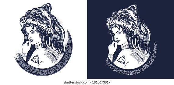 Tribal strong viking woman in a skin of a bear. Symbol of Scandinavia, valhhala, Valkyrie. Girl of the North t-shirt design. Black and white vector graphics 