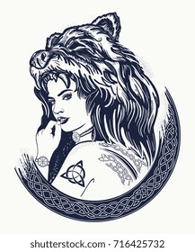 Tribal strong woman in a skin of a bear.  Symbol of Scandinavia, valhhala, Valkyrie. Girl of the North t-shirt design 