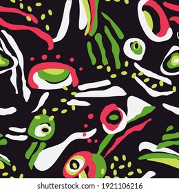 Tribal style dark pattern in bright green and white doodle hand drawn motifs. Vector seamless pattern design for textile, fashion, paper, packaging, wrapping and branding