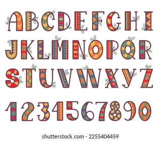 Tribal style ethnic alphabet, african decorative native letters and numbers design with folk and natural elements. Unusual neoteric vector boho set