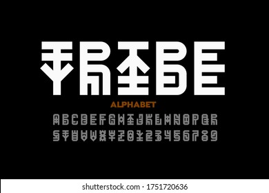 Tribal style font, alphabet letters and numbers vector illustration